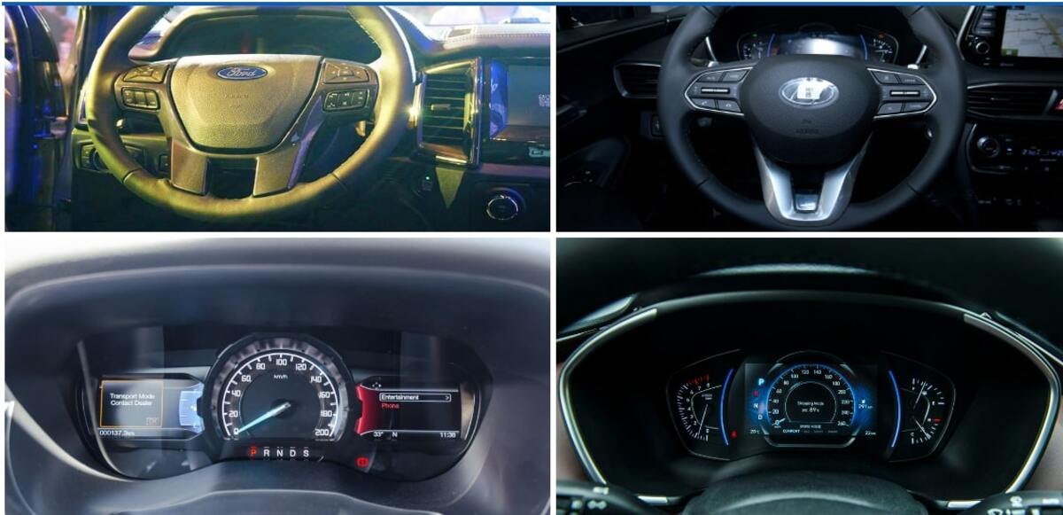 Vô lăng và màn hình đồng hồ lái của Hyundai Santa Fe 2019 và Ford Everest 2019